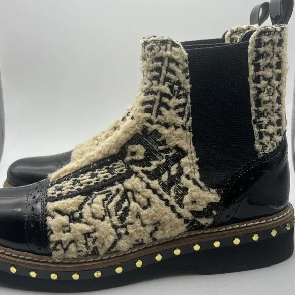 Free People Leather and Atlas Textile Chelsea Boots Size 37 Beige Black Boho - Picture 4 of 10